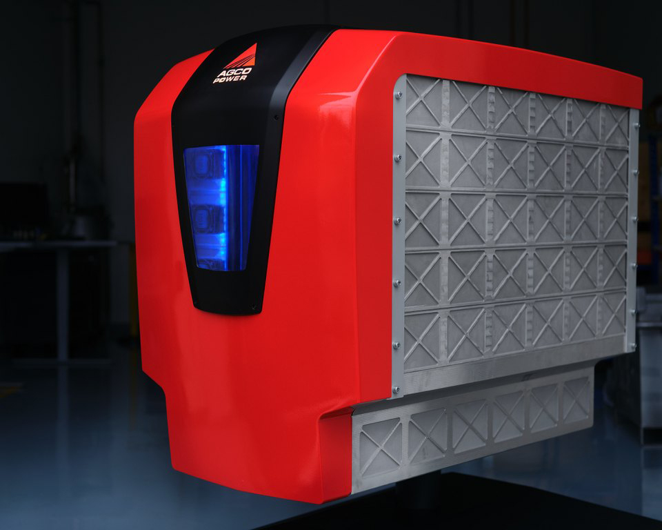 The image shows the Future Battery Concept designed by AGCO Power, which contains a total of 1,400 NMC cells and provides 150 kWh of capacity.