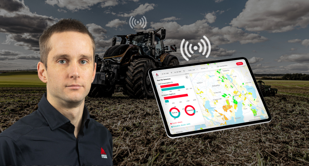 In the foreground: Jouko Järvinen and the AGCO Power CO₂ Calculator Concept. In the background: Valtra S Series tractor.